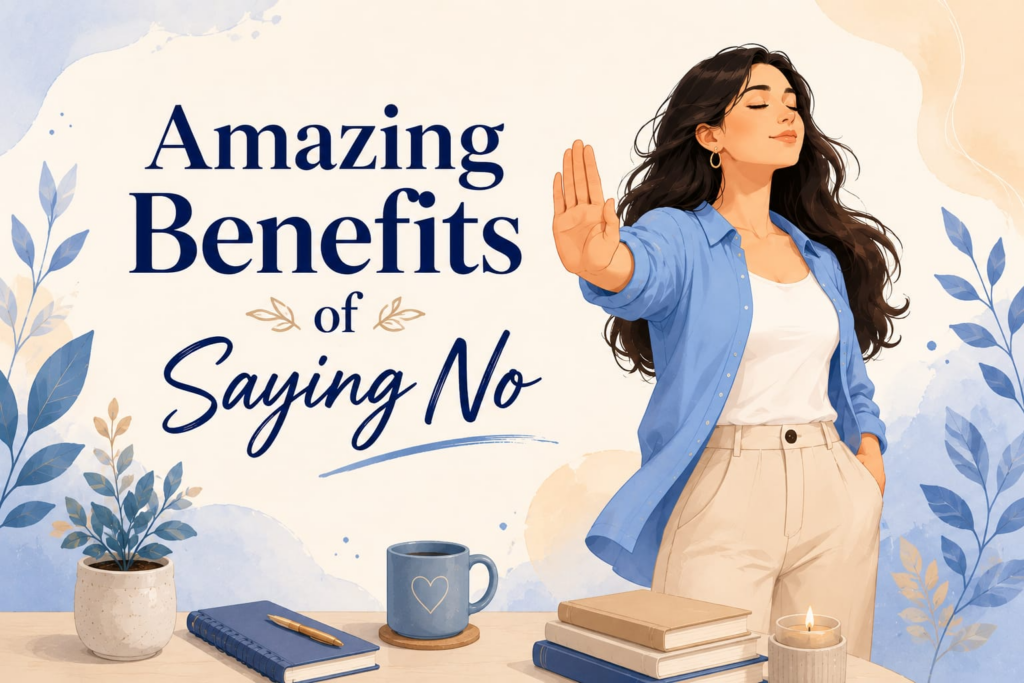 An animae girls smiling and standing with her hand stretched (signaling stop) Its written Amazing Benefits of saying No