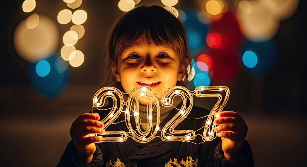 a small girl smiling and holding lights that say 2027. lights are in shape of 2027
