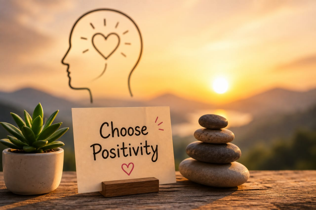 a beautiful sunrise with the yellow bright light gazing from the sky. with the quote that says Choose positivity. the view seems to be from a mountain cliff.