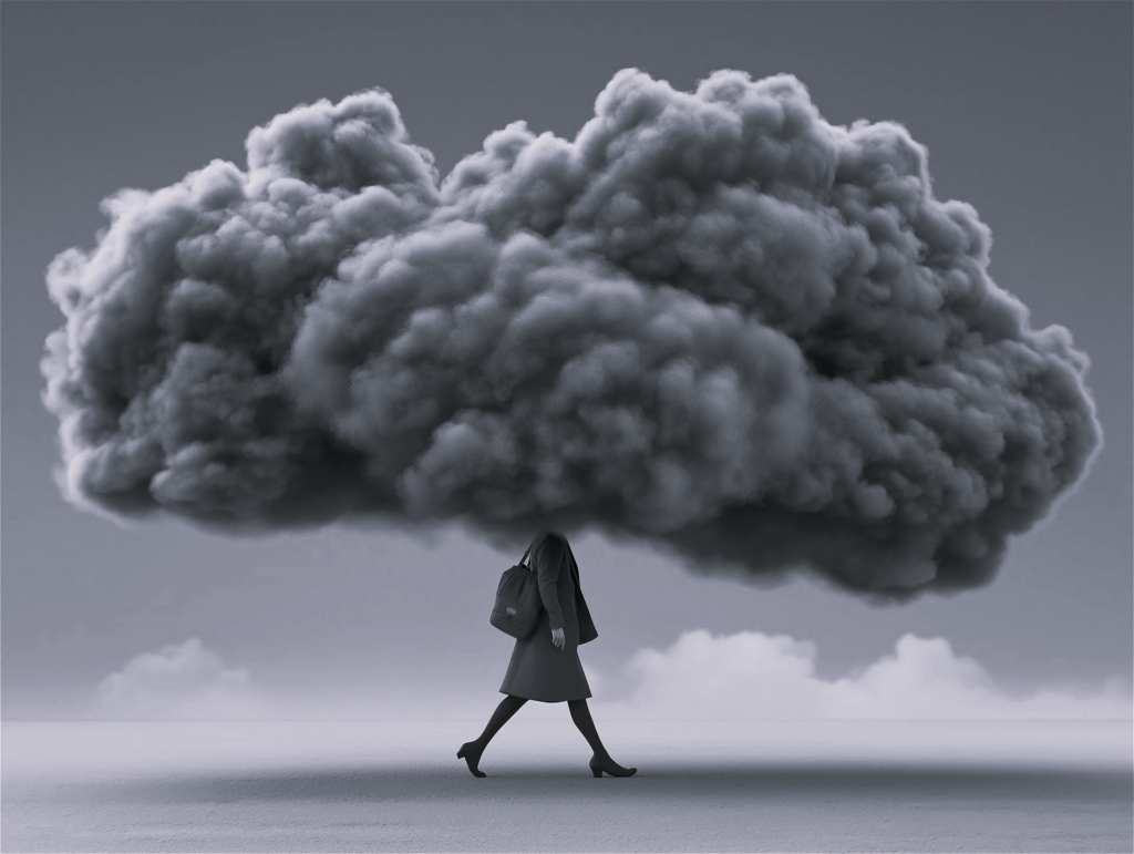 A woman walking on the road with a huge cloud formed on her head. The picture is black and grey in color